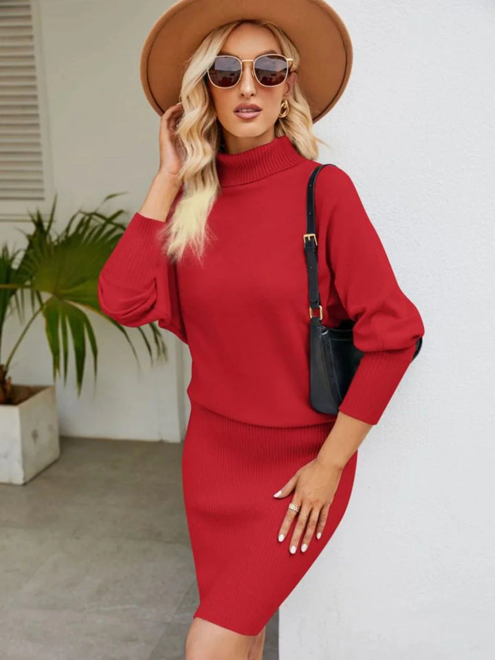 "Ribbed knit turtleneck midi dress in a stylish design, perfect for a chic and cozy look. Made for versatile styling and…