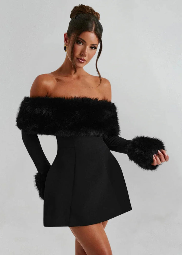 Black off-shoulder mini dress with fur accents, sleek design, perfect for a night out or special occasions.