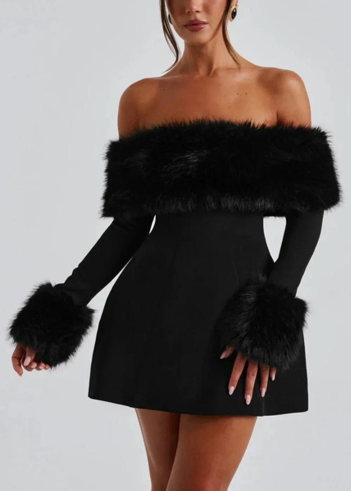 Black off-shoulder mini dress with fur accents, perfect for a chic evening look.