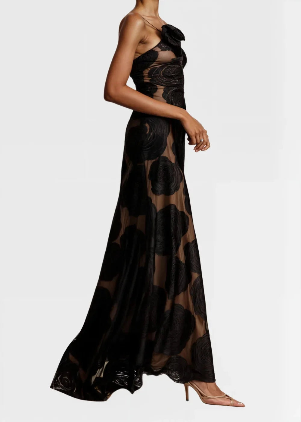 Aribella sheer one-shoulder maxi dress featuring elegant black roses design. Perfect for a chic and sophisticated look.