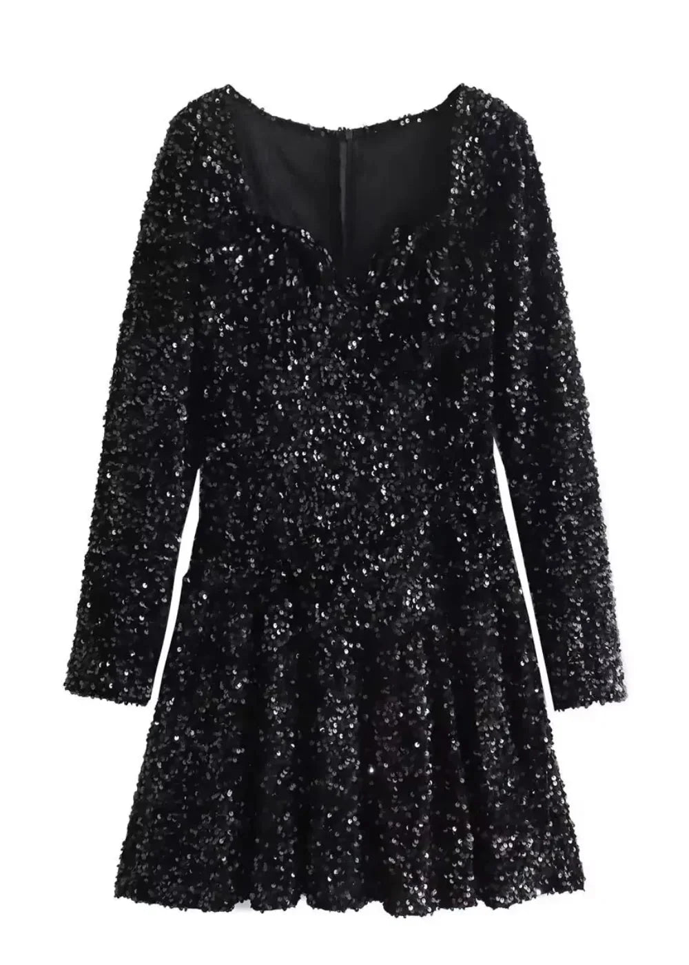 "Black sequined dress with sweetheart neckline, perfect for evening events, adds a touch of sparkle to your outfit."