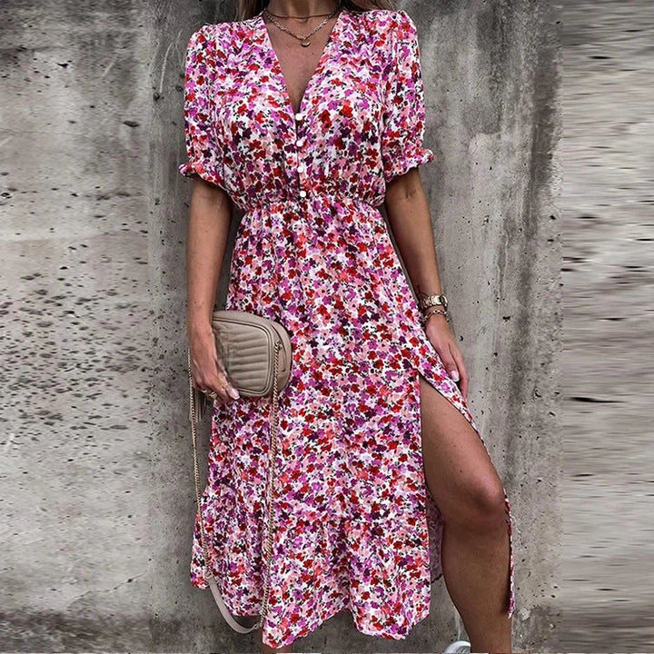 "Athena pink floral midi dress with wrap front design, perfect for a spring day outing, made with a soft and lightweight…