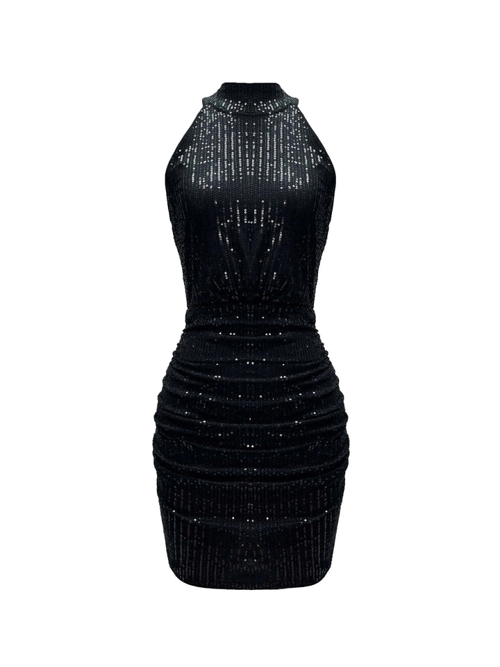 Black sequin mini dress with shimmering detail, perfect for a night out.