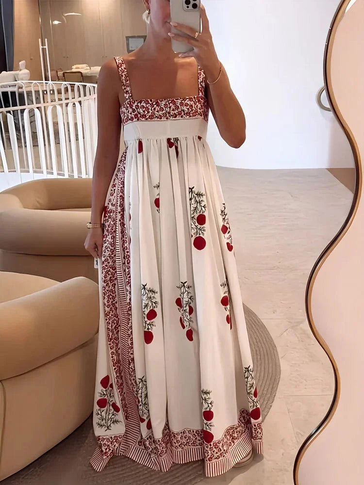 Red square neck maxi dress with floral accents, perfect for a summer day out. Made from lightweight fabric with a unique…