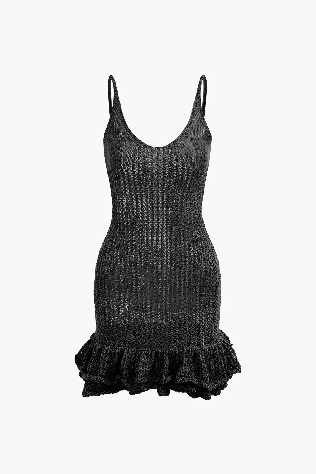 Black mini dress with textured fabric and charming ruffles on the hem, suitable for casual gatherings or a night out.