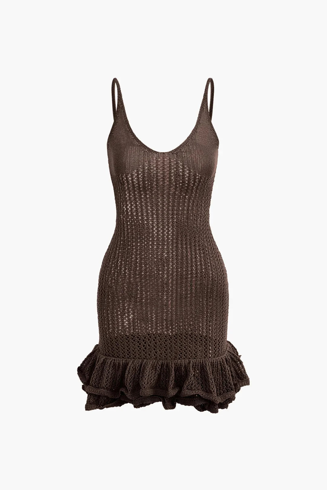 Coffee-colored mini dress with playful ruffles, textured fabric, and a flattering silhouette. Ideal for casual chic or…