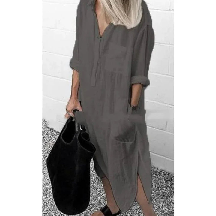 "Grey linen Button-up Dress with relaxed-fit design, perfect for casual elegance"