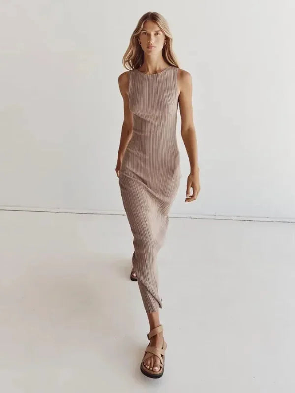 Khaki sleeveless maxi dress with unique vertical texture design.