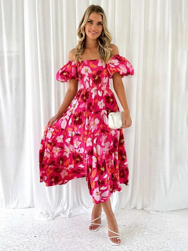 Flowy tiered summer dress in Rose with floral pattern, perfect for warm days.