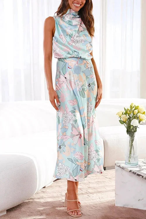 High neck pastel floral maxi dress with a flowing design, perfect for a summery look. Made with lightweight and breathable…