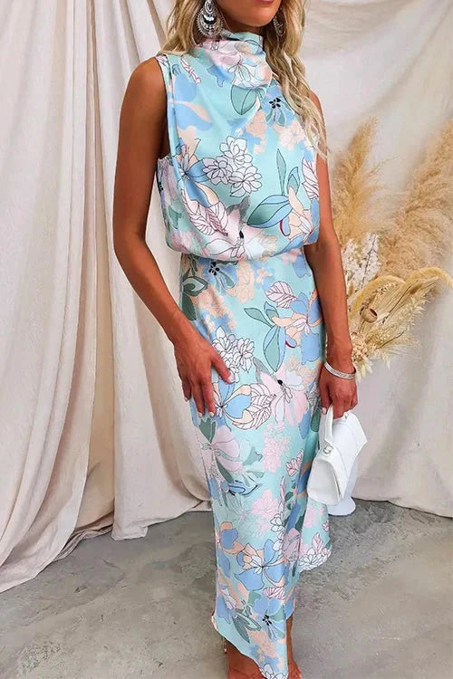 High-neck pastel floral maxi dress, featuring a delicate floral pattern and a flattering design, perfect for sunny days or…