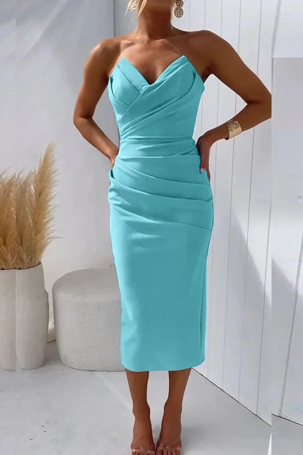 Turquoise strapless sweetheart neckline dress, form-fitting design with elegant material, perfect for special occasions.