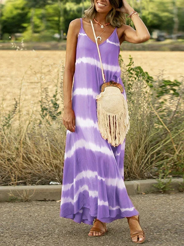 "Sleeveless tie-dye dress in vibrant colors with a flattering V-neck design, ideal for summer days"