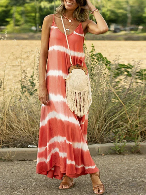 Sleeveless tie-dye V-neck dress in vibrant colors, perfect for summer, made from soft and lightweight fabric.