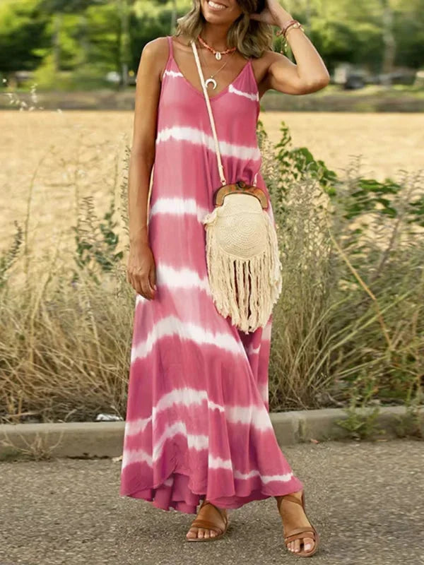 Pink sleeveless tie-dye dress with V-neck, made from soft, breathable fabric. Ideal for casual outings or beach days.