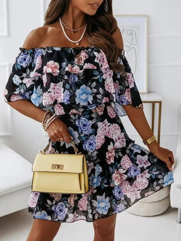 Off-shoulder floral mini dress with tiered detailing, perfect for casual outings.