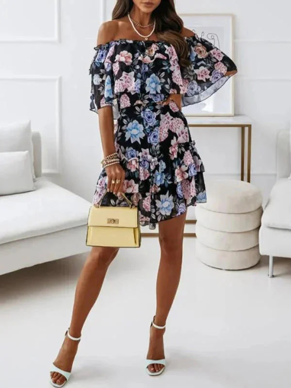 Off-shoulder floral mini dress with tiered hem, perfect for summer outings.