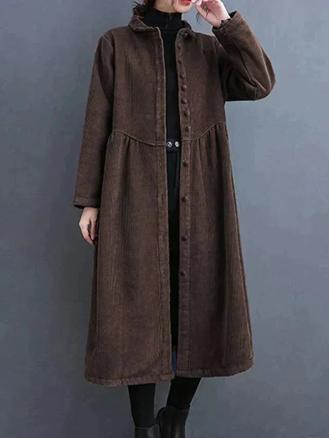 Chic choco dress with button front, structured design, perfect for staying warm in style.