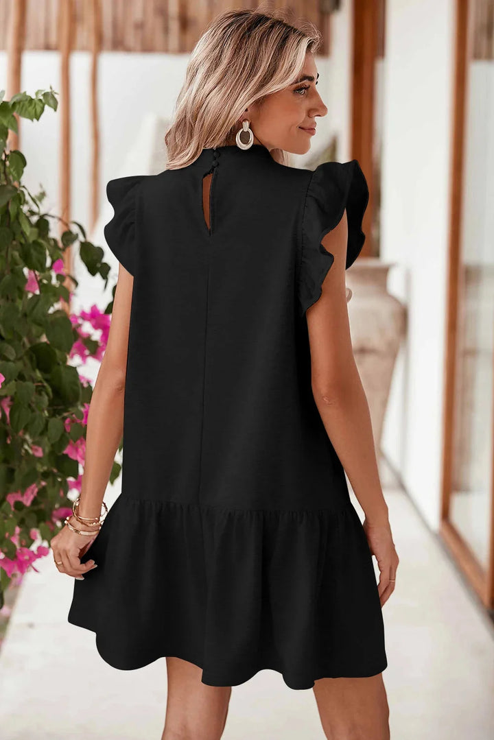 "Black mini dress with ruffle detail sleeves, made of high-quality fabric, perfect for a chic and elegant look."