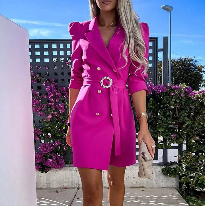 Fuchsia double-breasted mini dress with belt, featuring a chic and stylish design, made of high-quality fabric.