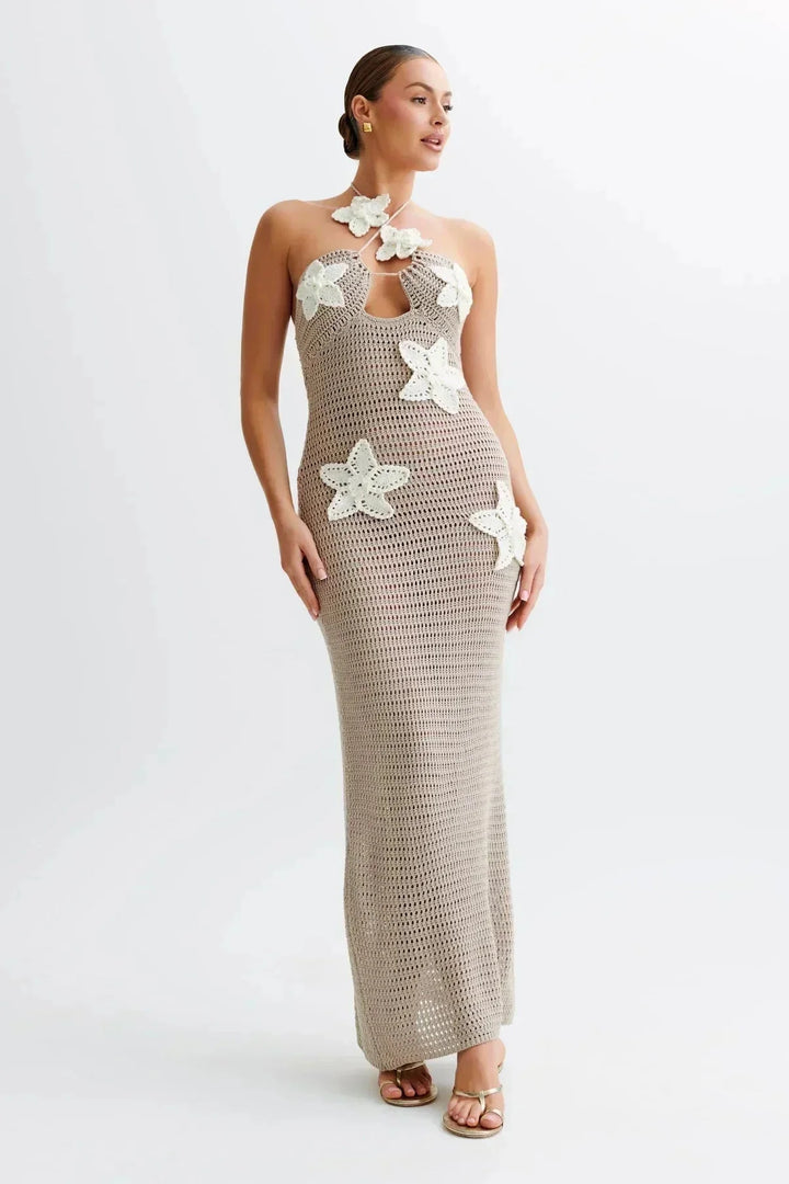 Handmade crochet maxi dress in Beige with intricate floral design, exuding elegance and charm.