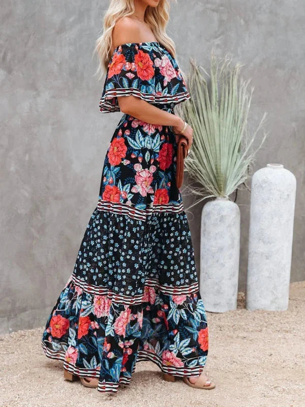 "Floral tiered maxi dress with belt in soft, flowy fabric. Perfect for a bohemian-chic look."