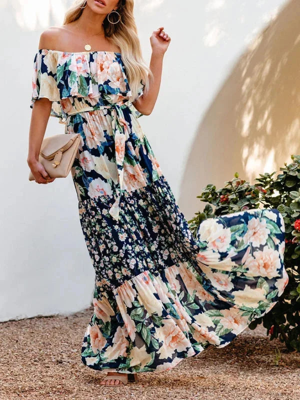 Emiko - Floral tiered maxi dress with belt in airy cotton blend fabric, perfect for casual days or dressed-up occasions.