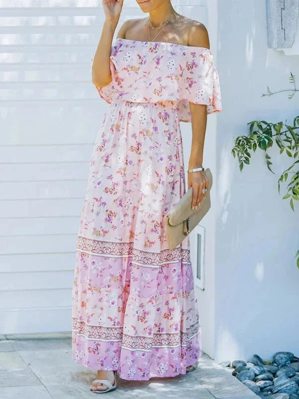 Pink floral tiered maxi dress with belt in lightweight 100% cotton fabric. Three-quarter sleeves and V-neck design for a…