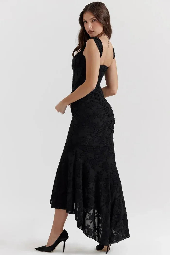 Sleeveless floral lace midi dress with delicate lace detailing, perfect for adding a touch of elegance to any occasion.