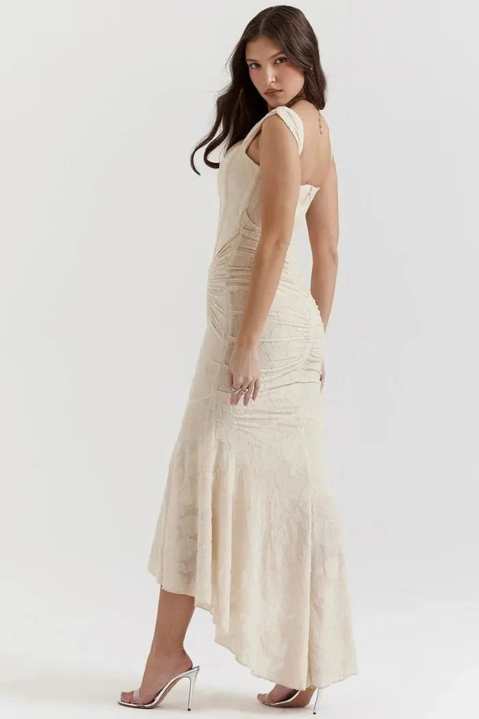 Sleeveless midi dress with floral lace overlay in subtle hues, perfect for any elegant event or special occasion.