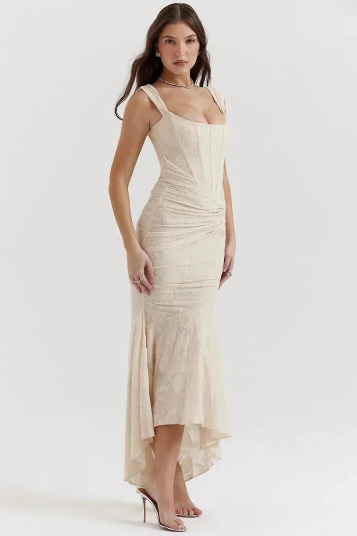 Ivory midi dress with floral lace detailing. Sleeveless design, perfect for a casual yet chic look.