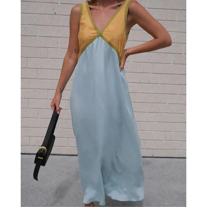 Yellow satin V-neck maxi dress 'Gittel' designed for sleek elegance with a remarkable silhouette, perfect for any occasion.