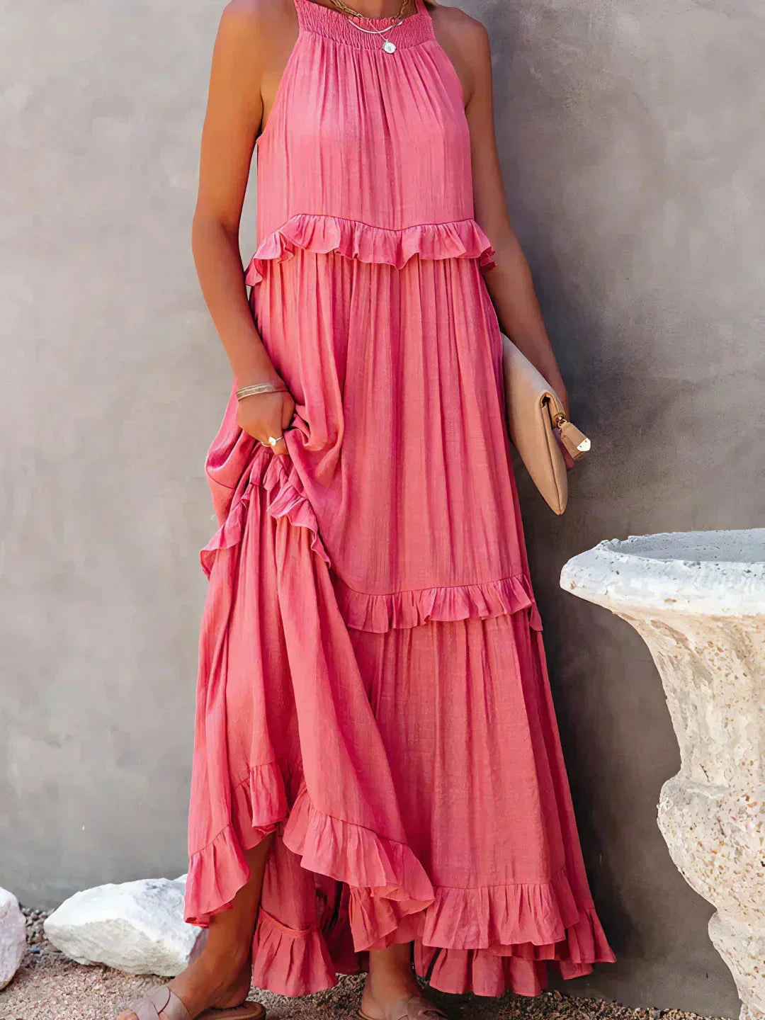 "Greyson sleeveless tiered maxi dress in soft cotton blend with high neckline and flowing silhouette, ideal for casual…