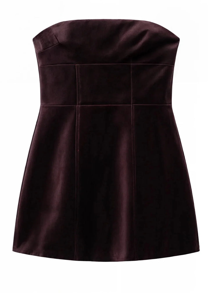 Burgundy strapless mini dress in elegant design perfect for evening events, made from high-quality fabric with a…