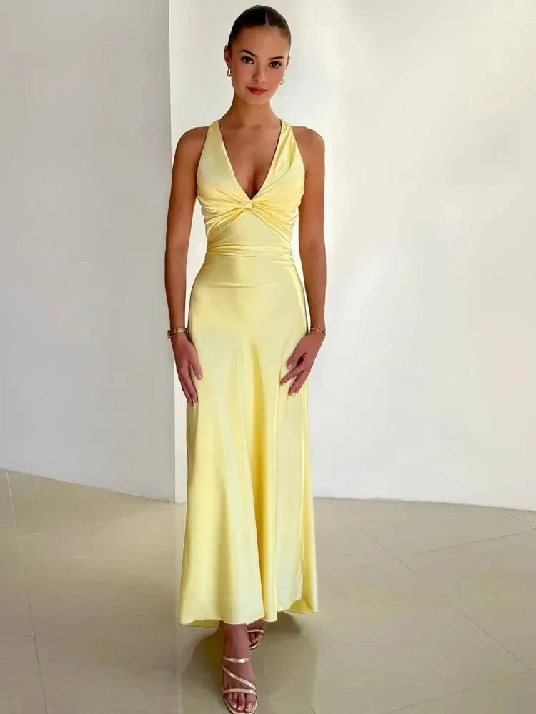 Pale yellow ruched maxi formal dress with a heavenly design, perfect for special occasions.