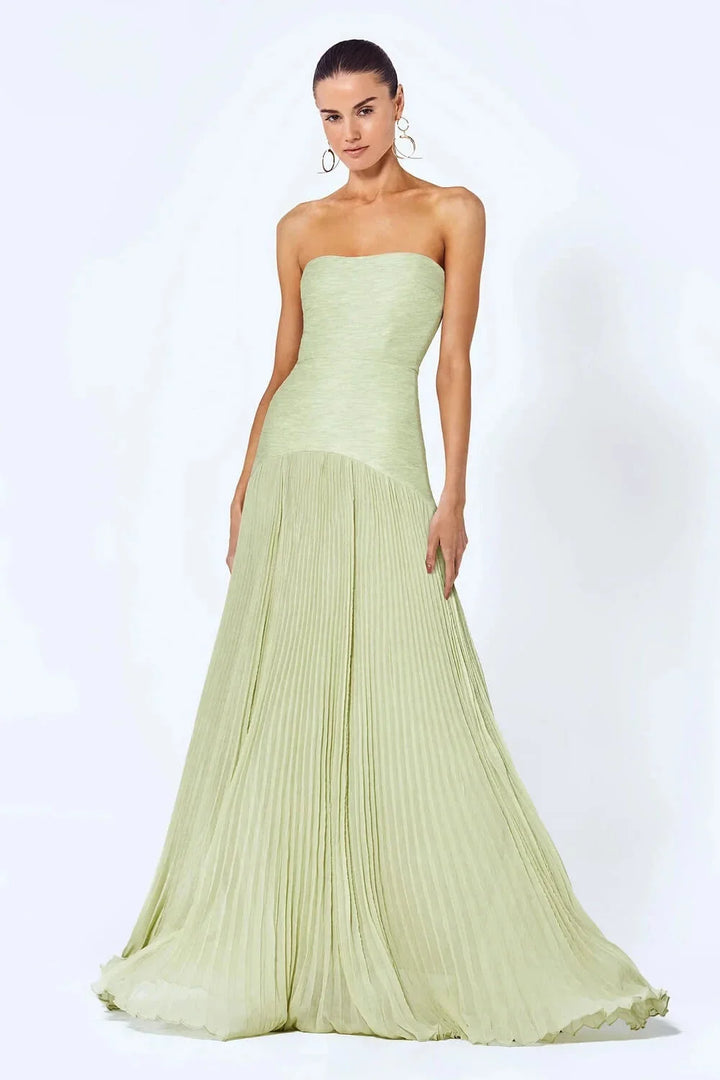 Strapless light green pleated maxi dress in elegant design, perfect for special occasions.