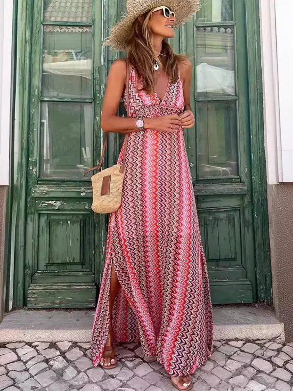 "Red wave print V-neck maxi dress in smooth, lightweight fabric perfect for summer days."