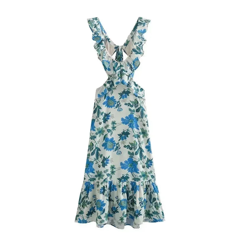 Blue floral midi dress with V-neckline, ruffle detailing. Feminine look perfect for day outings.