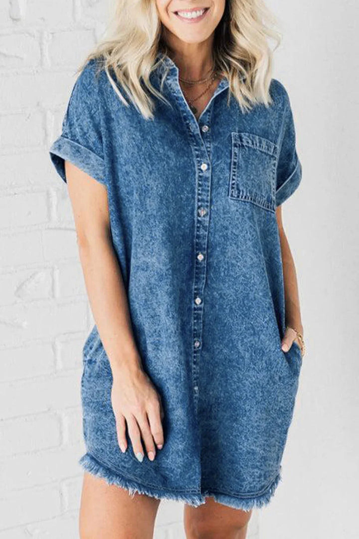 Blue denim mini dress with button-up front, casual and chic style perfect for any occasion.