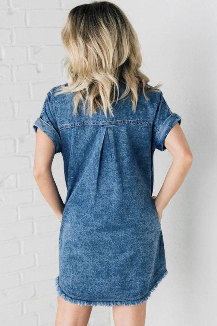 Blue denim mini dress with button-up front, perfect for casual outfits.