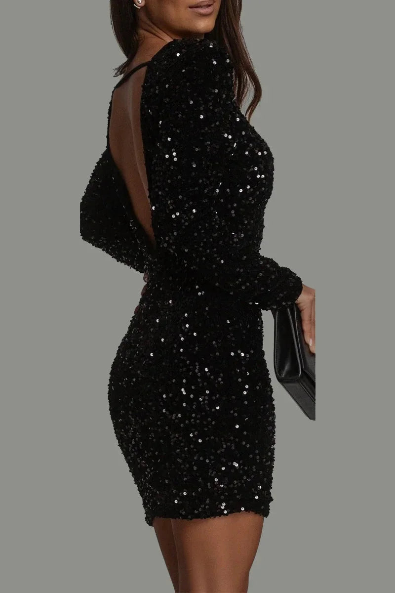 Shimmering sequin-embellished open-back mini dress in a stunning Kambri design.