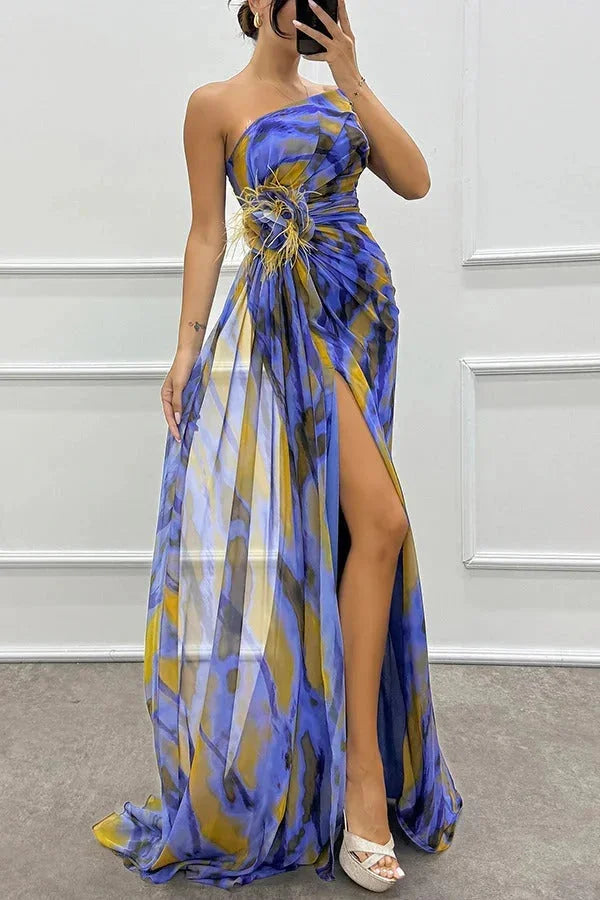 Yellow floral maxi dress with side slit, airy and flowy material, perfect for spring and summer outings.