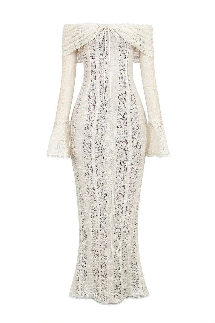 Ivory lace off-shoulder dress with bell sleeves, elegant and feminine design, perfect for special occasions.