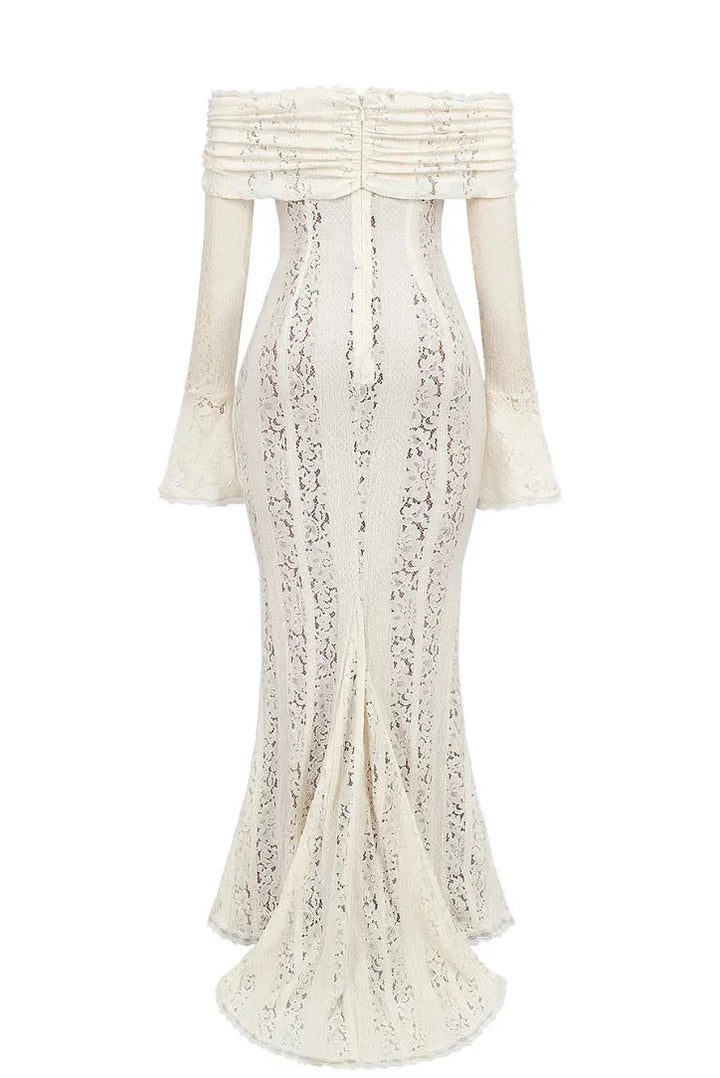 Off-shoulder ivory lace dress with elegant bell-sleeves. Feminine and stylish design perfect for special occasions.