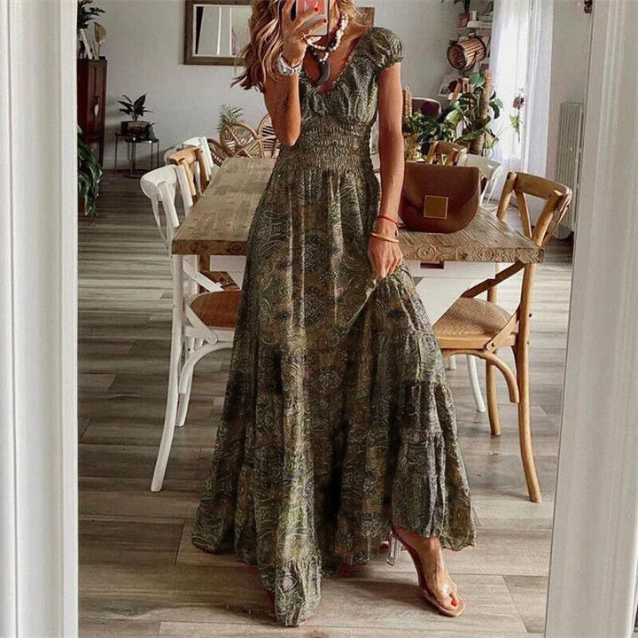 Boho dress in Coffee color with tiered design and sleeves, made of soft, breathable fabric for a relaxed and stylish look.