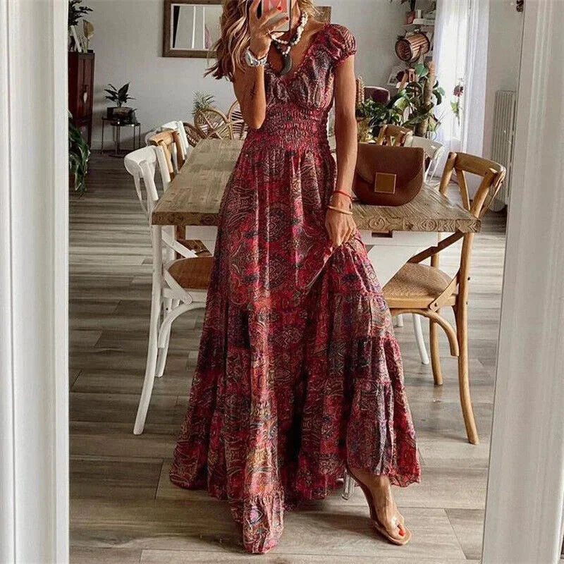 Katya Red Tiered Boho Dress sleeve detailing, relaxed fit, V-neck design, ideal for casual chic look, lightweight and…