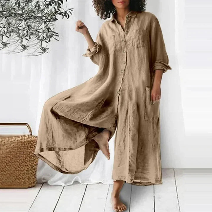 Flowy brown buttoned maxi dress with pockets, perfect for casual comfort. Soft and breathable fabric for everyday wear.