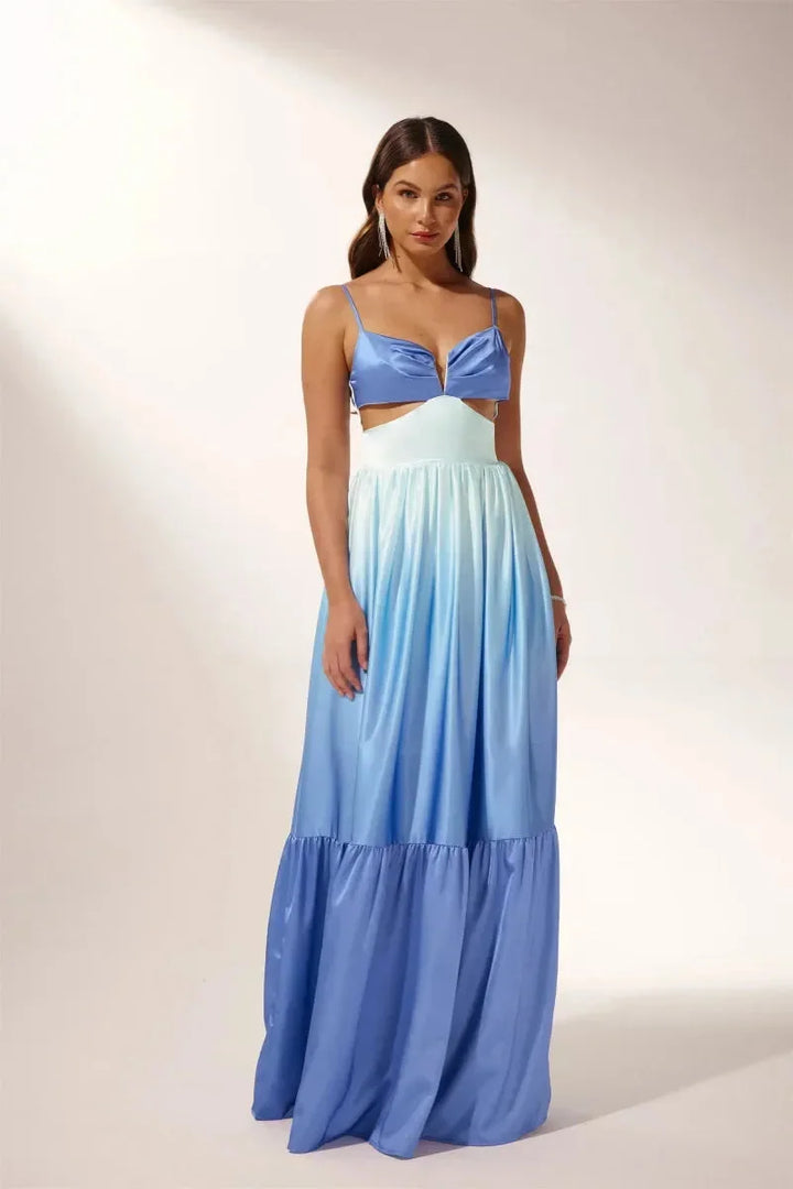 "Blue Ombre maxi dress with cut-outs, made of soft fabric, perfect for casual or special occasions"