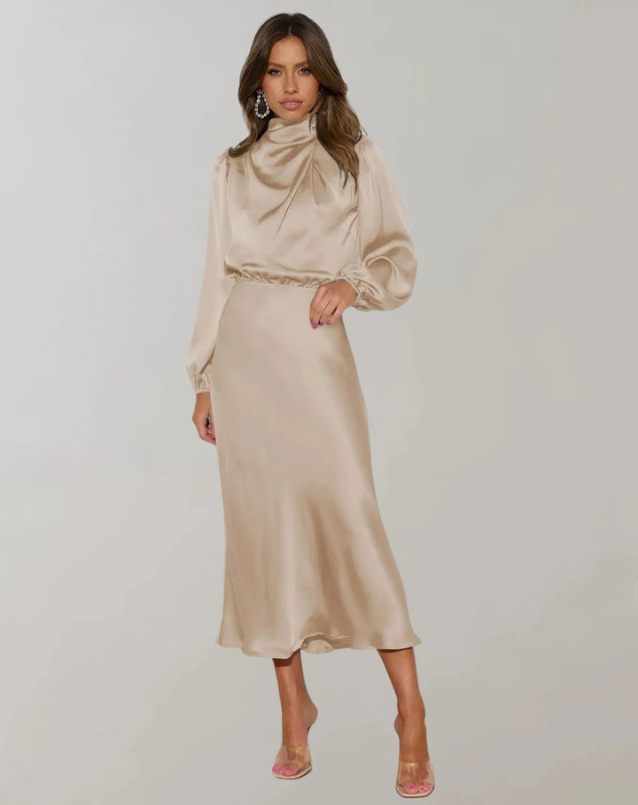 Beige satin midi dress with draped neckline, a chic and elegant choice for any occasion.