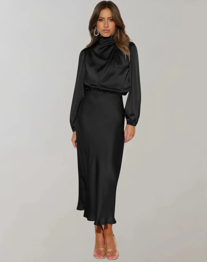 Black satin midi dress with draped neckline, a elegant and versatile piece perfect for formal occasions and events.